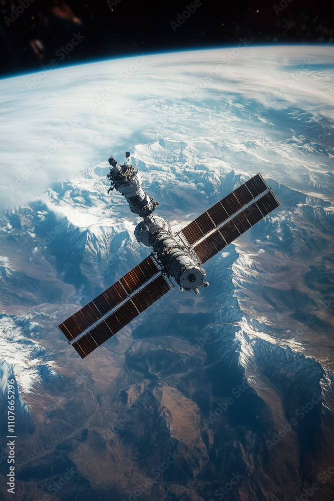 Obraz premium spaceship flying over the earth. satellite orbiting over mountain range