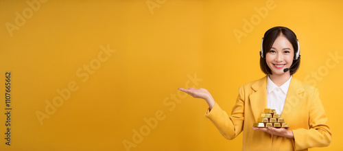 金の延べ棒を持っている20代のオペレーターのアジア人の女性。（Operator Asian woman in her 20s holding gold bars.）
 photo