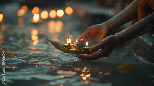 Hindu devotees light small oil lamps on leaves and release them in the Ganges River, Ai generated images photo