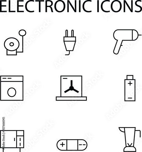 A collection of  electronic icons featuring a bell, plug, hairdryer, washing machine, fan, battery, fridge, fuse, and vacuum