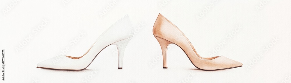 Overhead shot, High heels, Sale Campaign. Elegant high heels in white and nude colors, perfect for stylish occasions, showcasing modern fashion trends and versatility. Overhead shot, High heels, Sale Campaign. Elegant high heels in white and nude colors, perfect for stylish occasions, showcasing modern fashion trends and versatility.