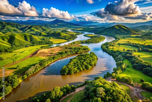 Captivating View of Rio en los Cerros Mavicure Surrounded by Lush Greenery in Guainia, Colombia, Showcasing the Serenity of Nature and the Beauty of the Landscape photo