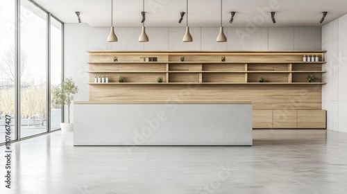 A minimalist display shop interior with empty shelves, perfect for showcasing upcoming retail products or business ideas