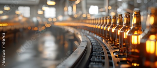 Production of brewing and bottling craft beer at a beer production plant. Conveyor with beer bottles.	
