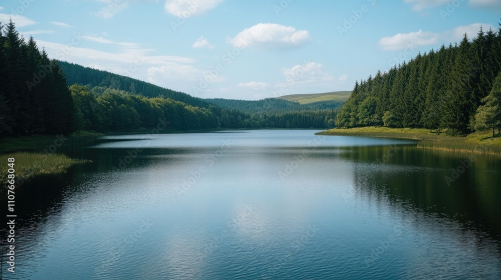 Obraz premium A serene lake forming a sharp upward curve surrounded by untouched landscapes, conveying growth in ecological interest.