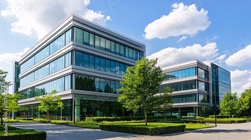 Image of office buildings with focus on sleek glass facades, contemporary design, and urban business environments for effective use
