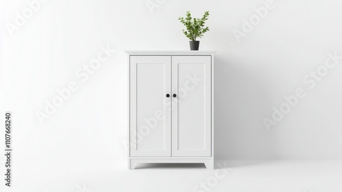 A white cupboard with a simple, elegant design isolated on a white background, ideal for home storage and decor ideas