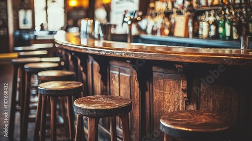 An empty bar counter with high stools, showcasing an ideal setting for social gatherings and relaxed conversations