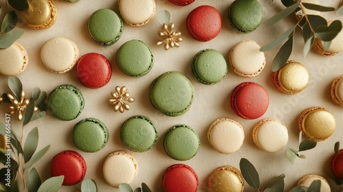 An artistic spread of green, red, and gold macarons arranged on a soft surface, perfect for a sophisticated dessert table --chaos 10 --ar 16:9 --v 6.1 Job ID: cd1b8483-a9d1-4311-9159-c48bc4a72733
