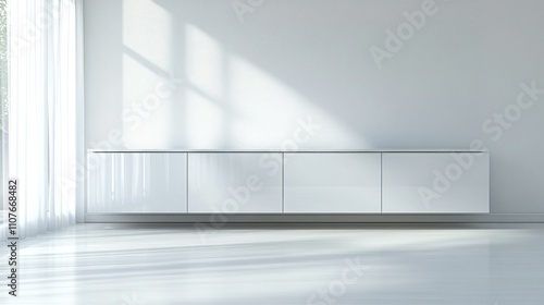 Clean, white cupboard with sleek design and no handles, isolated on a white background for a contemporary style display