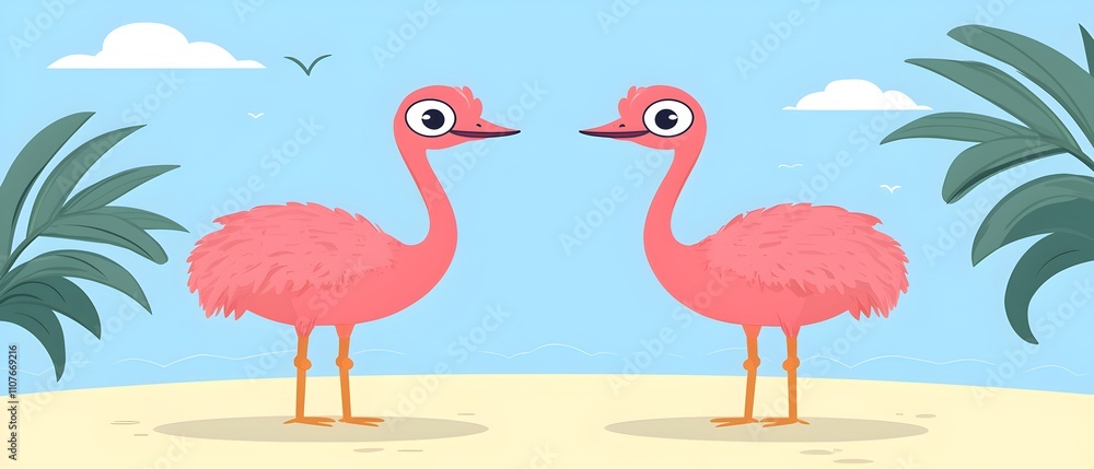 Obraz premium A pink ostrich stands in a field next to a red barn
