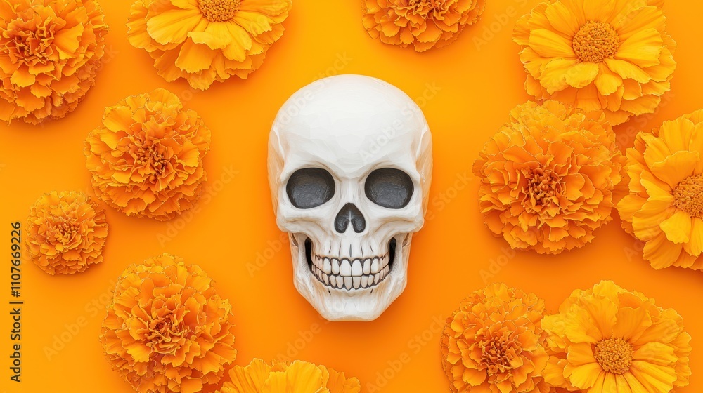 A vibrant composition featuring a skull surrounded by bright orange marigold flowers on a sunny yellow background. A vibrant composition featuring a skull surrounded by bright orange marigold flowers on a sunny yellow background.