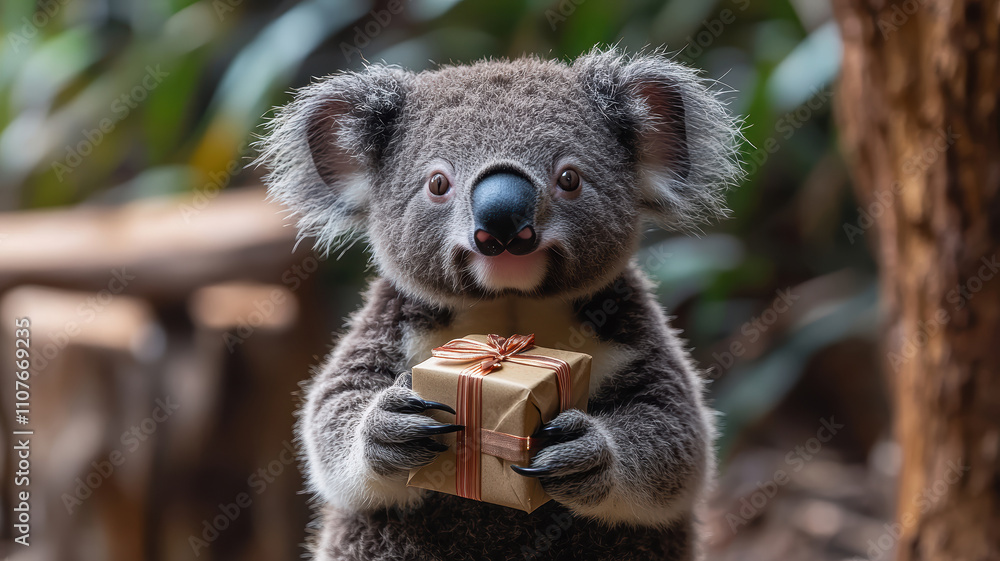 Fototapeta premium A koala is holding a box in its mouth. Concept of joy and playfulness, as the koala seems to be excited about the gift it is holding. The scene could be interpreted as a lighthearted moment