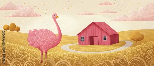 A pink ostrich stands in a field next to a red barn photo