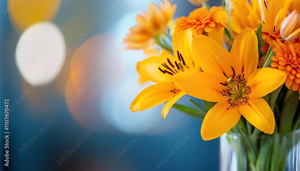 Obraz premium A vibrant bouquet of yellow lilies and daisies in a glass vase, set against a soft, blurred background, creating a cheerful and bright atmosphere.