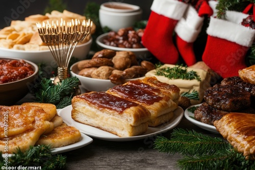 A festive spread of delicious holiday treats surrounding decorative stockings and a menorah, perfect for seasonal celebrations. photo