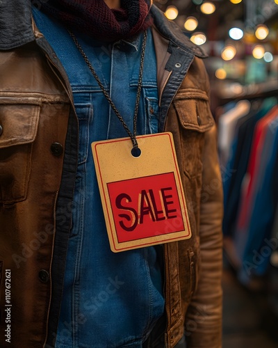 Tag with word 'SALE' hanging in retail store against blurred background of clothes and lights, signifying retail sales, discounts and promotions in a stylish shopping environment. photo