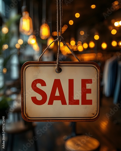 Tag with word 'SALE' hanging in retail store against blurred background of clothes and lights, signifying retail sales, discounts and promotions in a stylish shopping environment. photo