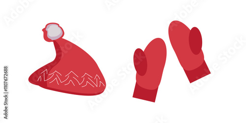 Set of winter clothes, red warm mittens and hat cap with pompom. Colored vector flat cartoon illustration for design