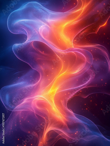 A vibrant abstract background featuring flowing waves of color, with smooth gradients blending shades of deep blue, electric purple, and fiery orange. 