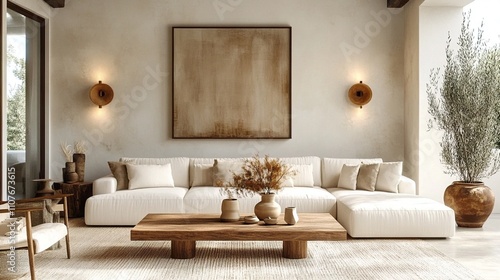 Wallpaper Mural Cozy Minimalist Living Room with White Walls, Wooden Furniture, Cream Sofa, Large Wall Art, Warm Lighting, and Natural Textures for a Welcoming Atmosphere Torontodigital.ca