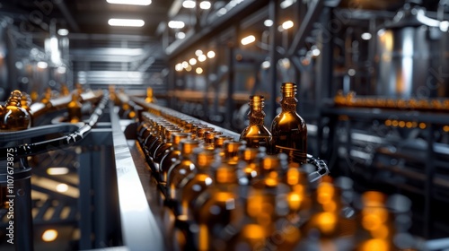Production of brewing and bottling craft beer at a beer production plant. Conveyor with beer bottles.	
