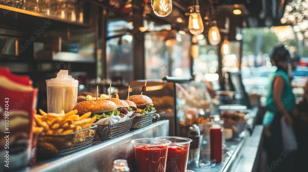 Fototapeta premium A vibrant food stall featuring burgers, fries, and drinks, inviting customers to enjoy.