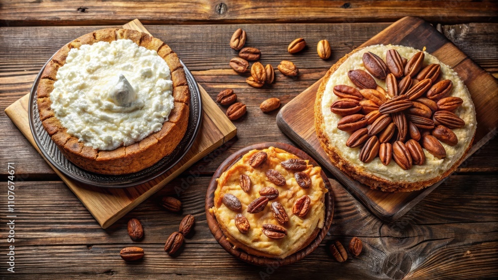 A trio of pecan-topped cakes, each with a unique frosting, resting on wooden boards, creating a delicious display A trio of pecan-topped cakes, each with a unique frosting, resting on wooden boards, creating a delicious display