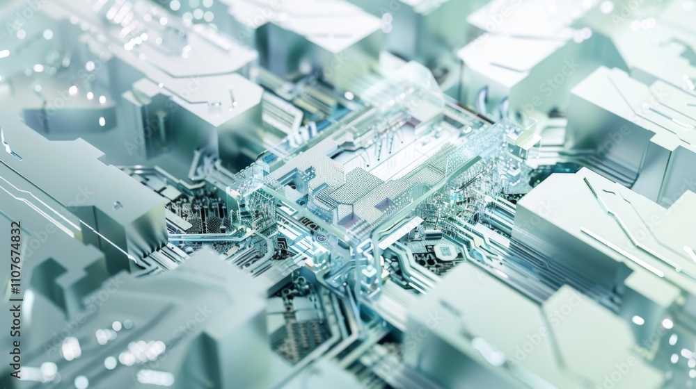Fototapeta premium Close-up of a semiconductor chip with detailed electronic components and circuits on clean white background, ideal for tech and engineering projects.