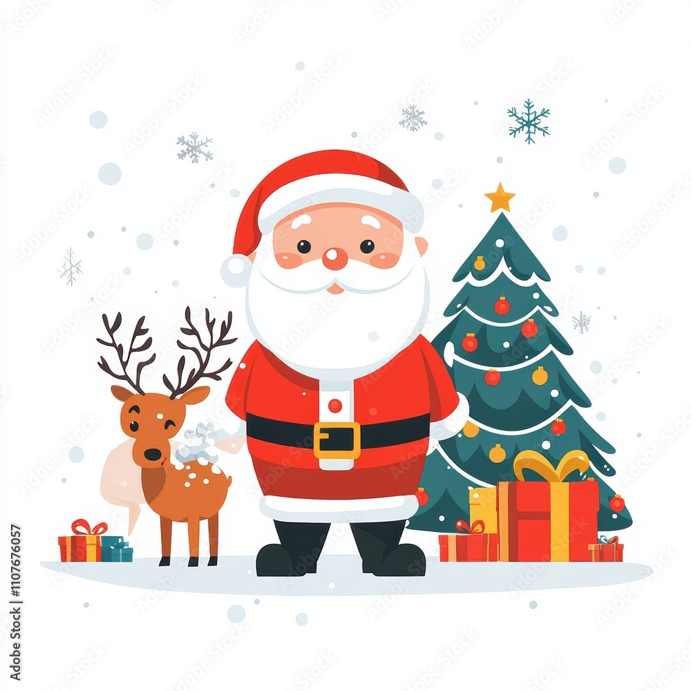 colorful and vibrant image of a cartoon santa claus with christmas tree, christmas gifts, reindeer in white minimalistic background colorful and vibrant image of a cartoon santa claus with christmas tree, christmas gifts, reindeer in white minimalistic background