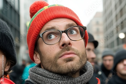 A close-up of a bystander face, showing curiosity and concern as they witness a public altercation