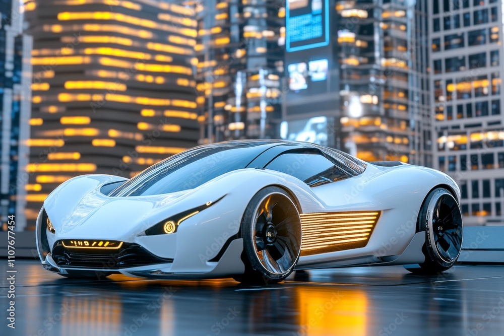 Fototapeta premium A cyberpunk scene of a flying car hovering in front of a skyscraper covered in holographic ads