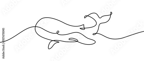 Whale in continuous line art drawing style. Black linear design isolated on white background. Vector illustration