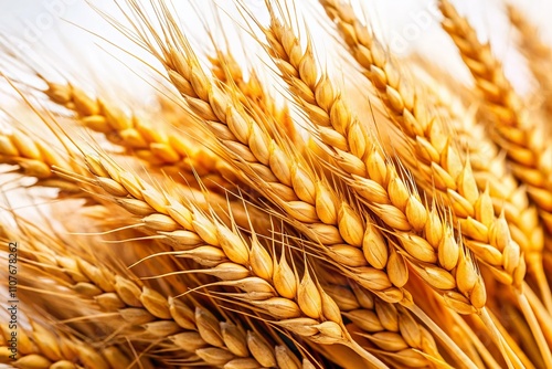 Close-Up of Golden Ears of Wheat Isolated on White Background, Showcasing the Beauty and Texture of Nature's Grains for Agricultural and Culinary Uses photo