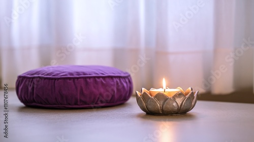 Candle and meditating pillow, zafu cushion photo