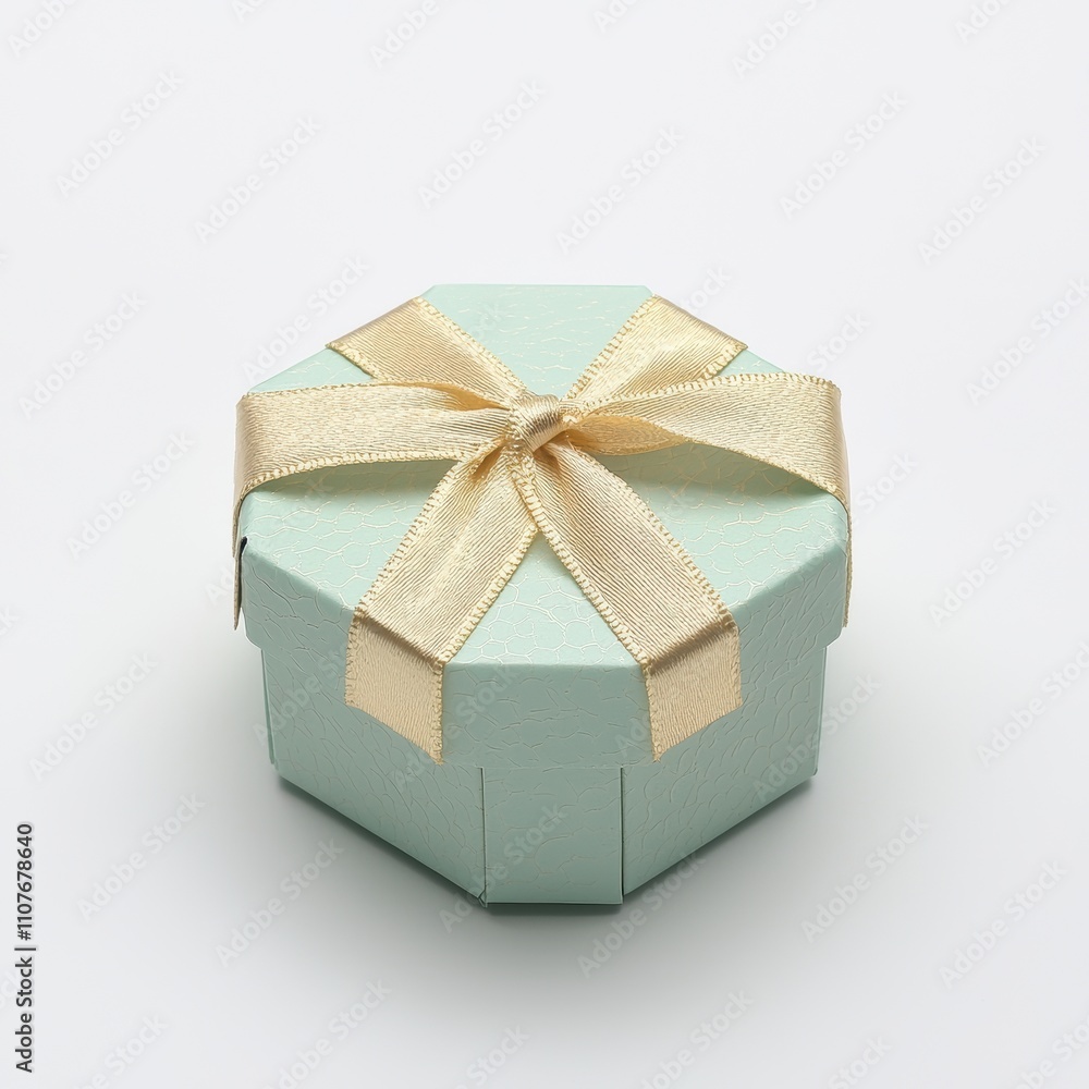 Obraz premium A small, light blue hexagonal gift box adorned with a golden ribbon sits on a plain background, symbolizing celebration and surprise, isolated on white background for di-cut