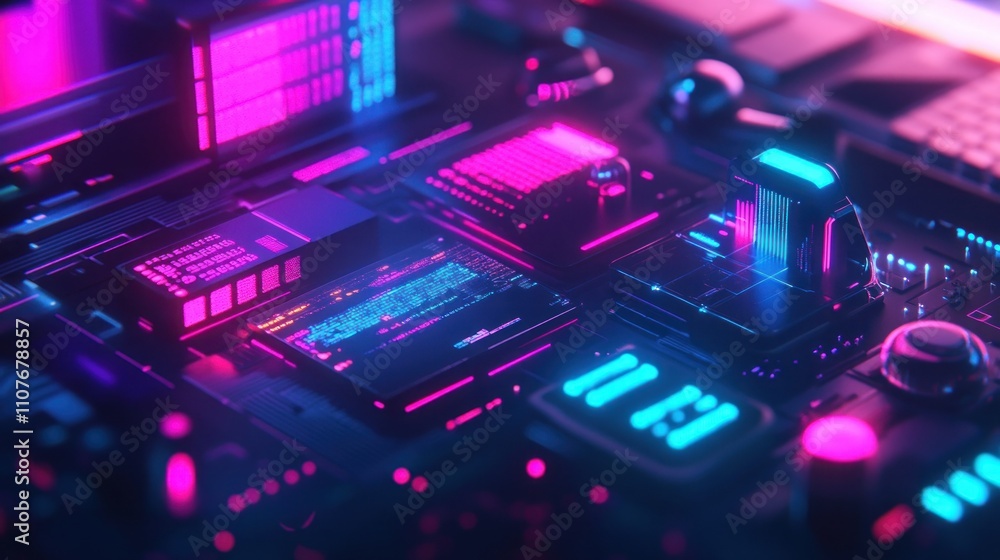 Fototapeta premium A vibrant, futuristic circuit board with glowing components and neon accents.