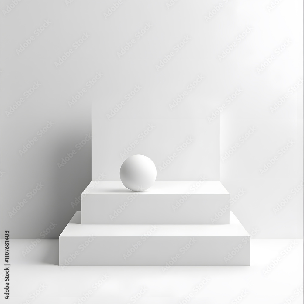Fototapeta premium Minimalist white sculptural composition featuring a sphere modern art studio digital artwork clean aesthetic top-down viewpoint contemporary design