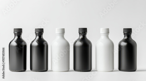 Black and white bottles arranged in row, showcasing modern design and minimalism. Perfect for packaging or product display in various settings