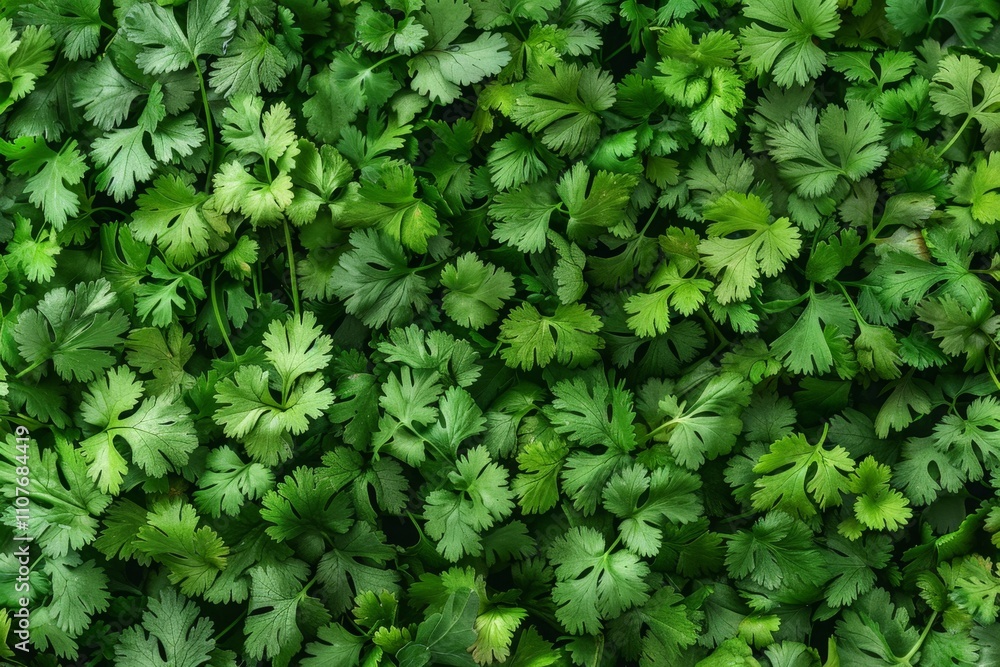 Coriander leaves texture background, cilantro leaf pattern, chinese parsley greens banner, spices, seasonings