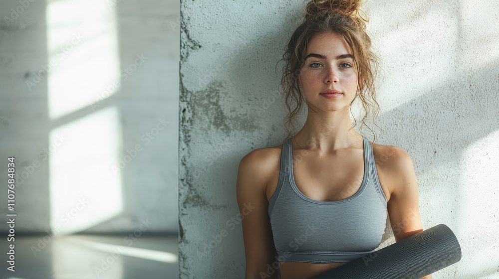 Fototapeta premium yoga enthusiast poses confidently in bright studio, showcasing her dedication to fitness and wellness. natural light enhances her serene expression and athletic attire