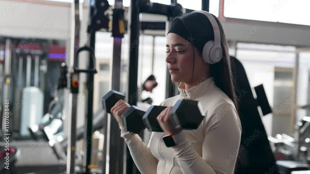 Handheld view of latin woman doing bicep curls with dumbbells at gym Handheld view of latin woman doing bicep curls with dumbbells at gym