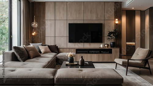 Modern japandi style  Minimalist interior design of modern living room with sofa.