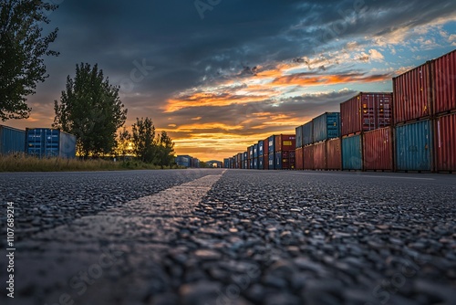 Sunset over Cargo Containers Asphalt Road Global Trade Logistics