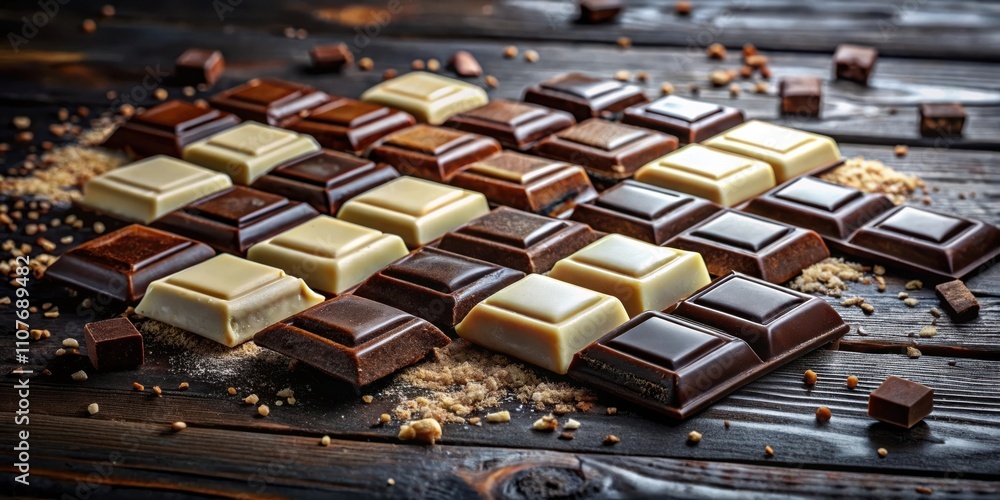 A close up of a delectable collection of dark and white chocolate bars arranged in a checkerboard pattern on a wooden surface, a symphony of rich cocoa and creamy sweetness A close up of a delectable collection of dark and white chocolate bars arranged in a checkerboard pattern on a wooden surface, a symphony of rich cocoa and creamy sweetness