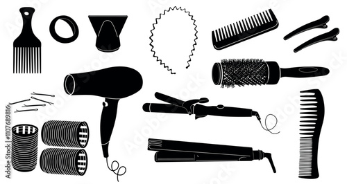 A set of tools and accessories for hair styling. Black and white silhouettes.