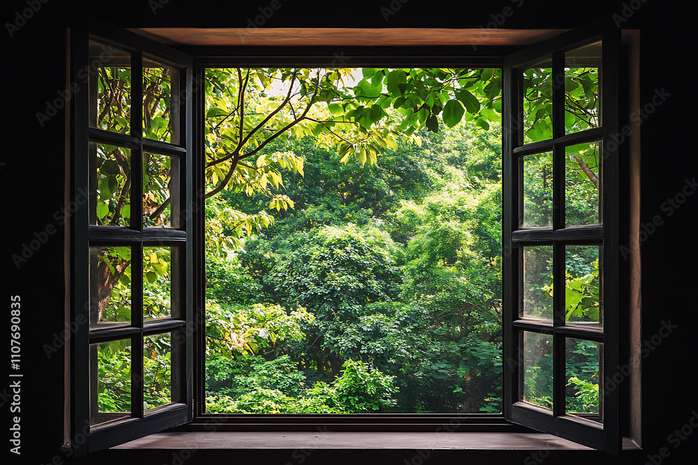 Serene Forest View Through an Open Window Serene Forest View Through an Open Window