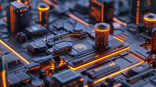 Secure Tomorrow HighTech Gated Community with Futuristic Surveillance and Illuminated Safety Features