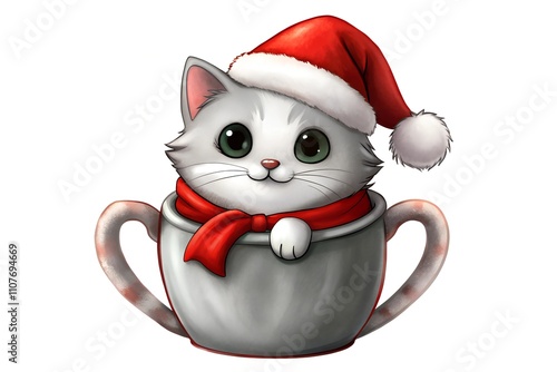 cat in Santa Claus hat in a coffee dup photo