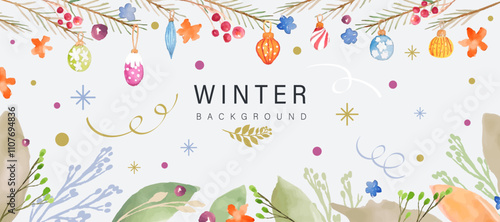 Festive winter background frame in watercolour style in vector.
